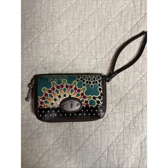 Fossil Key-Per Zip Around Wristlet Floral Print Brown/Turquoise /Multi colored - Picture 1 of 8